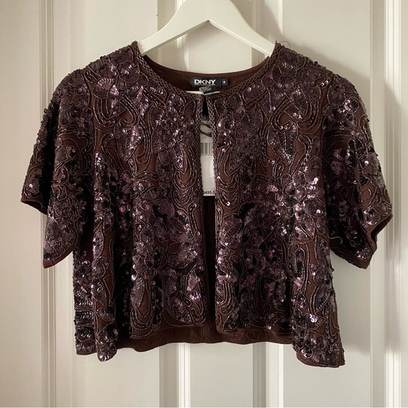 DKNY 100% SILK Vintage Embroidered Beaded Brown Mini Sweater Coat - Picture 1 of 6